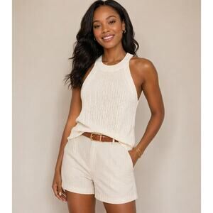 La Miel White Knit Halter Tank Sleeveless Minimalist Boho Beach Stretch Top L